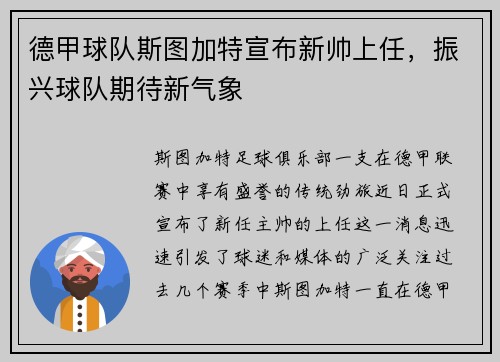 德甲球队斯图加特宣布新帅上任，振兴球队期待新气象